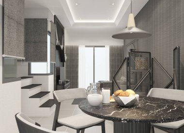 Konak evindeki yaşam alanı modern doğanın 3 boyutlu tasarımı. 