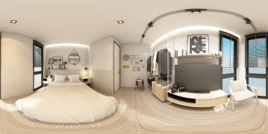 Yatak odası iç mimarisi modern doğal stil manzarası 360 derece görüntüleme 3D 