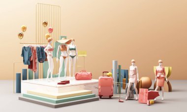 Giysi mankeni. Çanta ve piyasa malzemesiyle çevrili bir askı. Geometrik şekilli pastel 3D renkte.