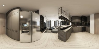 Modern lüks iç tasarım mutfağı olan Apartman Apartmanı 360 derece manzara 3D 