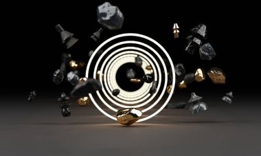 Geometrik şekillerden parlak bir parıltı, kırmızı çiçek saksısı ve 3D vazo betimlemesi ile neon siber punk arka plan