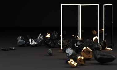 Siyah arkaplanda izole edilmiş siyah mermer kaidesi, yuvarlak altın rengi otoban kayası, soyut asgari konsept, boş alan, temiz tasarım, lüks minimalist model, aydınlatma çerçevesi 