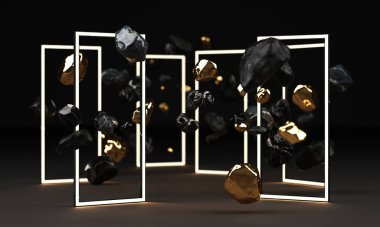 Siyah arkaplanda izole edilmiş siyah mermer kaidesi, yuvarlak altın rengi otoban kayası, soyut asgari konsept, boş alan, temiz tasarım, lüks minimalist model, aydınlatma çerçevesi 