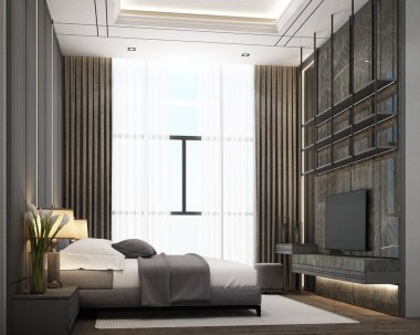 Gri tonlu ahşap ve mermer dekorasyonlu modern lüks yatak odası.