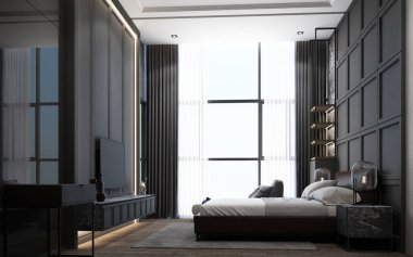 Gri tonlu ahşap ve mermer dekorasyonlu modern lüks yatak odası.
