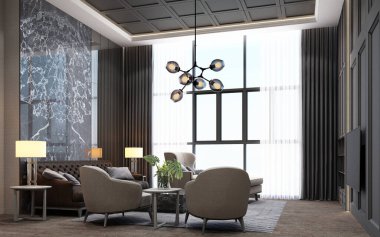 Gri tonlu ahşap ve mermer dekorasyonlu modern lüks yaşam alanı.