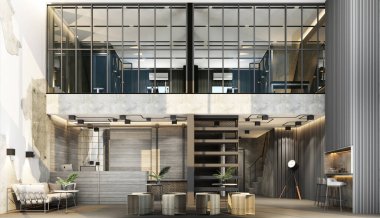 Çatı katı tarzında bir resepsiyon masası. Spor salonu. Metal ve beton duvarlarla dekore edilmiş.