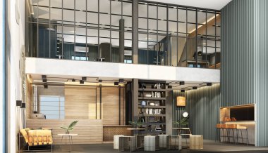 Çatı katı tarzında bir resepsiyon masası. Spor salonu. Metal ve beton duvarlarla dekore edilmiş.