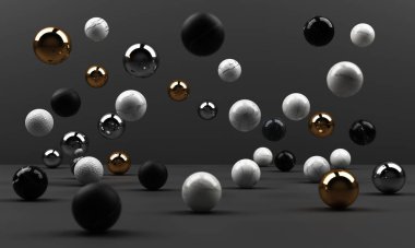 siyah ve beyaz mermer desenli geometrik şekil ve paslanmaz nesne grubuyla altın 3D soyut sahne boş podyumunu siyah arkaplan ile ayarla