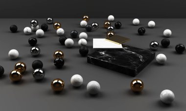 siyah ve beyaz mermer desenli geometrik şekil ve paslanmaz nesne grubuyla altın 3D soyut sahne boş podyumunu siyah arkaplan ile ayarla