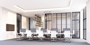 Gri halı döşemesi ve beyaz masa 3D işlemeli modern klasik ofis çalışma alanı