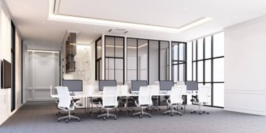 Gri halı döşemesi ve beyaz masa 3D işlemeli modern klasik ofis çalışma alanı