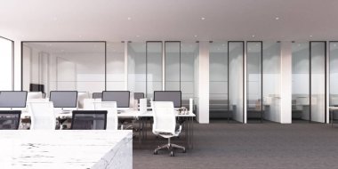 Gri halılı, beyaz masalı ve 3D toplantı odalı modern ofis çalışma alanı
