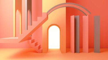 Modern geometrik biçim kemeri ve modaya uygun iç Gradyan pastel renk arkaplan özeti basamaklarında 3d resimleme