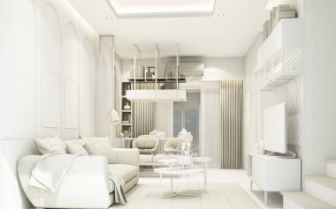 Mobilyaları olan modern beyaz yaşam alanı. 