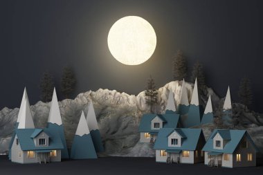 Dolunay, dağlar ve alçak köknar ağaçları ile gece temalı güzel bir Noel kış manzarası. 3d oluşturma