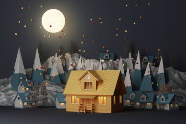 Güzel bir Noel, gece temalı sarı bir ev, karlı bir manzara dolunay, dağlar ve alçak köknar ağaçları. 3d oluşturma