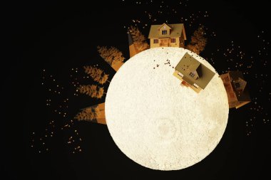 Ay 'da ağaçlarla çevrili sarı, şirin bir ev..