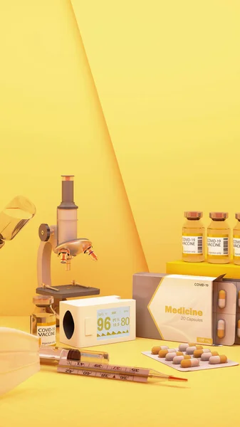 Covid Self Test Kit Vaccine Medicine Yellow Background Rendering — Stock Photo, Image