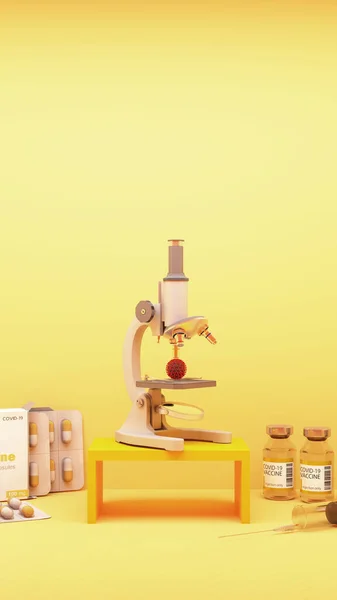 Microscope Looking Covid Virus Vaccines Medicines Yellow Background Rendering — Stock Photo, Image