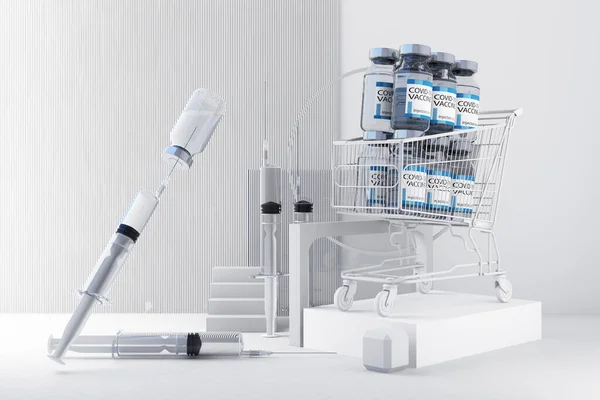 Small Vaccine Bottle Coronavirus Vaccine Injection Shopping Cart Medical Syringe — Stock Photo, Image