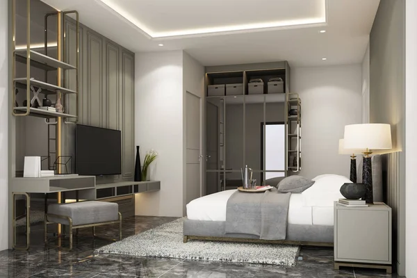 interior design modern classic style of bedroom with gray spay paint black marble wood and gold texture and white furniture set 3d rendering interior