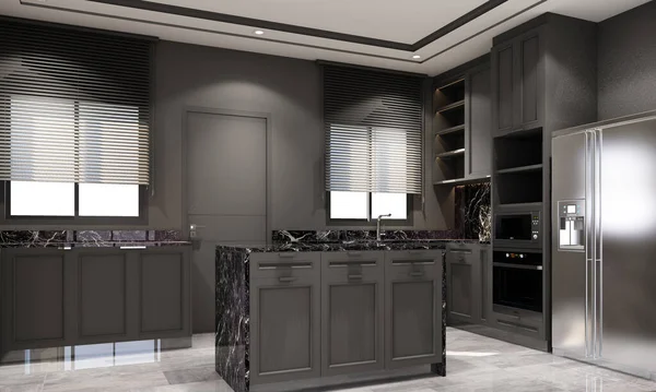 Desain Interior Gaya Klasik Modern Dapur Dengan Marmer Hitam Dan — Stok Foto