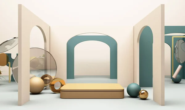 Rendering Pastellhintergrund Mit Geometrischen Formen Gold Und Pastellfarbe Schwarzes Glas — Stockfoto