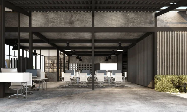 Arbetsplats Modernt Kontor Med Betonggolv Industriell Loftstil Och Mötesrum Interiör — Stockfoto