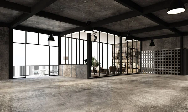 Çalışma alanı ve yaşam alanı olan modern endüstriyel depo. Beton ve metal desenli iç tasarımı 3D. 