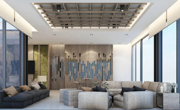 Moderne Loft Wachtruimte Grote Hal Ontwerp Met Houten Textuur Appartement — Stockfoto
