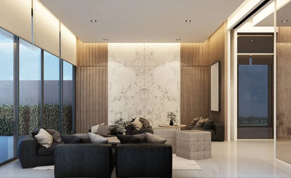 Dairesinde ahşap dokusu olan modern çatı katı bekleme salonu dizaynı. 
