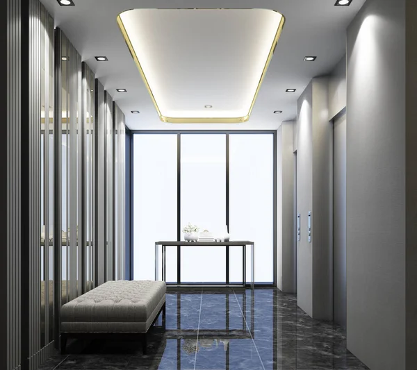 Lift lobby modern design with marble floor and stool seating 3d rendering