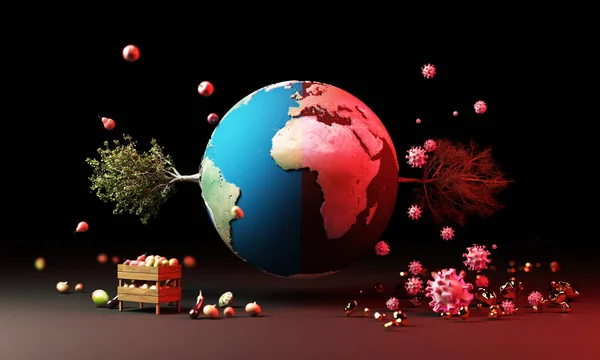 Globe Met Boom Fruit Coronavirus Waarschuwingsconcept Destructie — Stockfoto