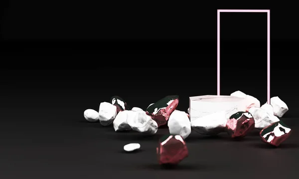Візуалізація Білого Мармуру Єдестал Ізольований Чорному Фоні Круглий Рожевий Вільний — стокове фото