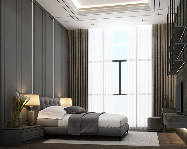 Moderne Luksus Stil Soveværelse Med Træ Marmor Dekoration Grå Tone - Stock-foto