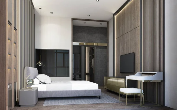Moderne Luxe Slaapkamer Met Houten Marmeren Decoratie Grijze Toon Rendering — Stockfoto