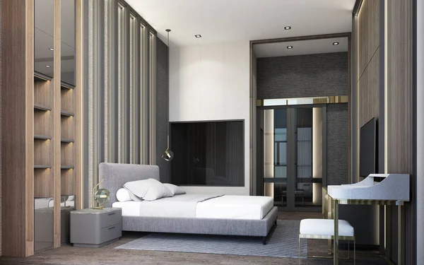 Gri Tonlu Ahşap Mermer Dekorasyonlu Modern Lüks Yatak Odası — Stok fotoğraf