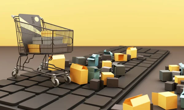 Alışveriş çantası ve kredi kartı olan bir klavyede alışveriş arabası, e-ticaret, e-ticaret veya elektronik ticaret hakkındaki fikirler, İnternet üzerinden ürün veya hizmet satın alma veya satma işlemidir.