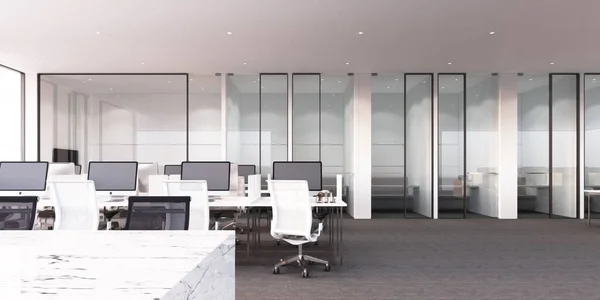 Gri halılı, beyaz masalı ve 3D toplantı odalı modern ofis çalışma alanı