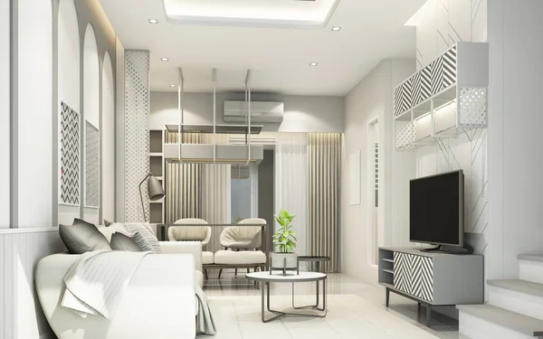 Area Hidup Putih Modern Dengan Furnitur Townhouse Rendering — Stok Foto