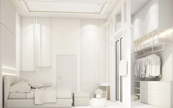 Современная Белая Спальня Мебелью Таунхаусе Рендеринг — стоковое фото