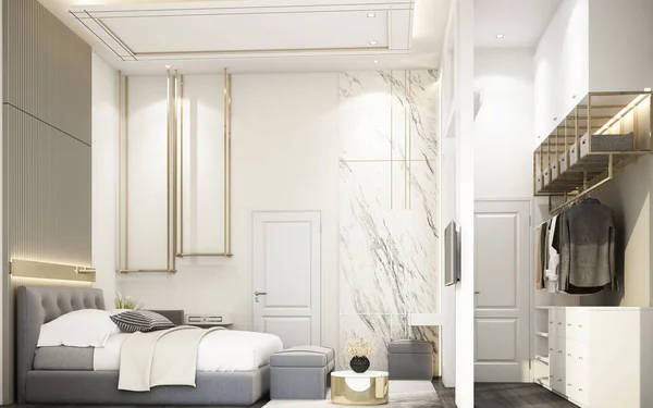 Moderne Witte Slaapkamer Met Meubels Herenhuis Rendering — Stockfoto