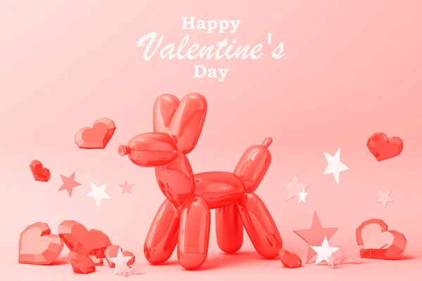 San Valentín Concepto Fondo Con Globo Perro Rojo Rosa Corazones — Foto de Stock