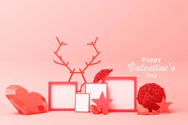 情人节的背景是红粉相间的红心星 带着白色的正方形框和爱的装饰 — 图库照片