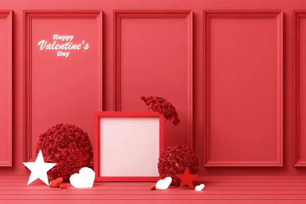 Concepto San Valentín Rojo Decorar Fondo Pared Con Corazones Rojos — Foto de Stock