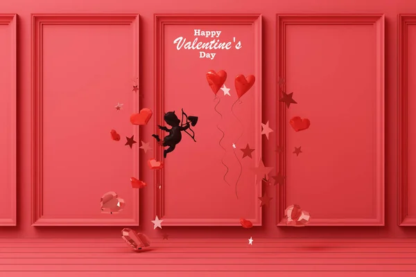 Concepto San Valentín Rojo Decorar Fondo Pared Con Corazones Rojos — Foto de Stock