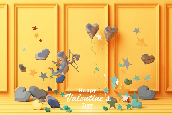 День Святого Валентина Концепция Желтый Украсить Стены Фона Голубыми Сердцами — стоковое фото