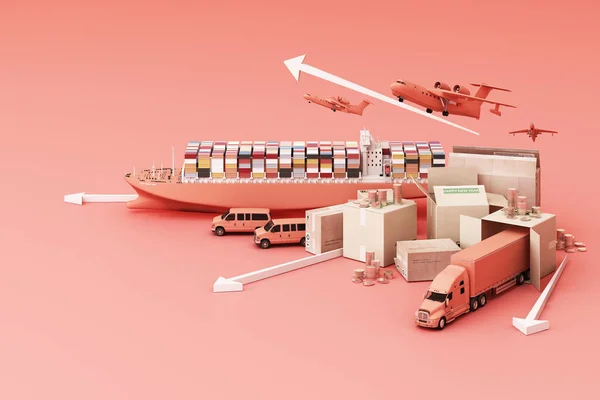 Återgivning Lådan Omgiven Kartonger Ett Lastcontainerfartyg Flygplan Bil Skåpbil Och — Stockfoto
