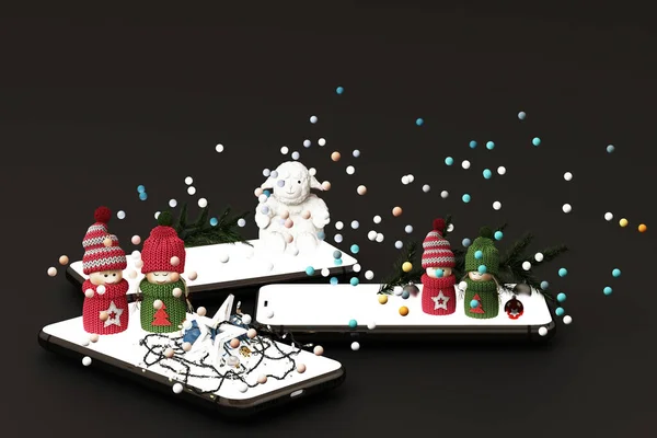 Мобильный Телефон Рождественскими Украшениями Рождественская Елка Подарки Рядом Черном Фоне — стоковое фото